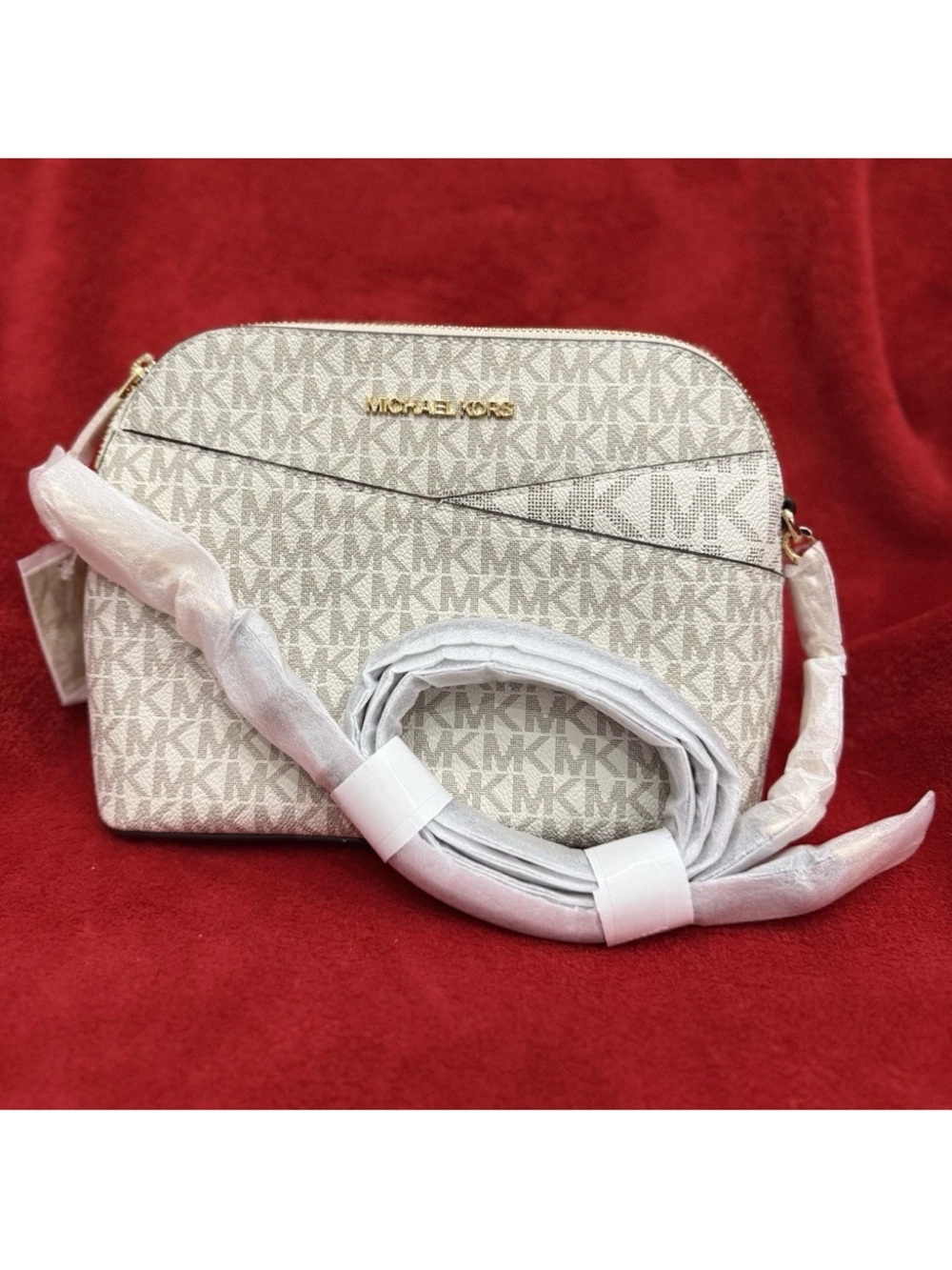 MICHAEL KORS Beige Logo Crossbody with Gold Hardware